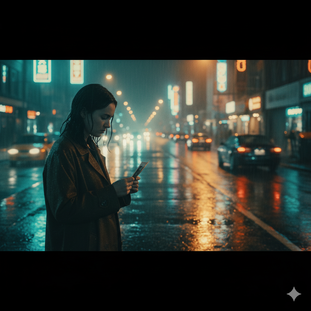 A wide, cinematic shot of a young woman standing on a wet city street at night, looking down at a small object in her hands. The scene is moody and rain-soaked, with vibrant neon lights from buildings and blurred car lights reflecting off the wet asphalt, creating a neo-noir atmosphere.